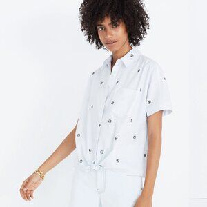 Madewell Embroidered Peace Sign Short-Sleeve Tie-Front Shirt